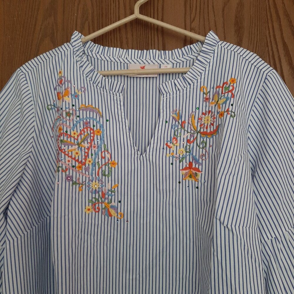 Quacker Factoery Blue White Stripe Hearts Butterfly Y-Neck Top 2X Bell Sleeve